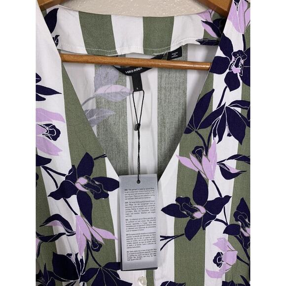 Vero Moda Vilja Striped Floral Shirt Dress Large L Mixed Print Button Front - Picture 3 of 6